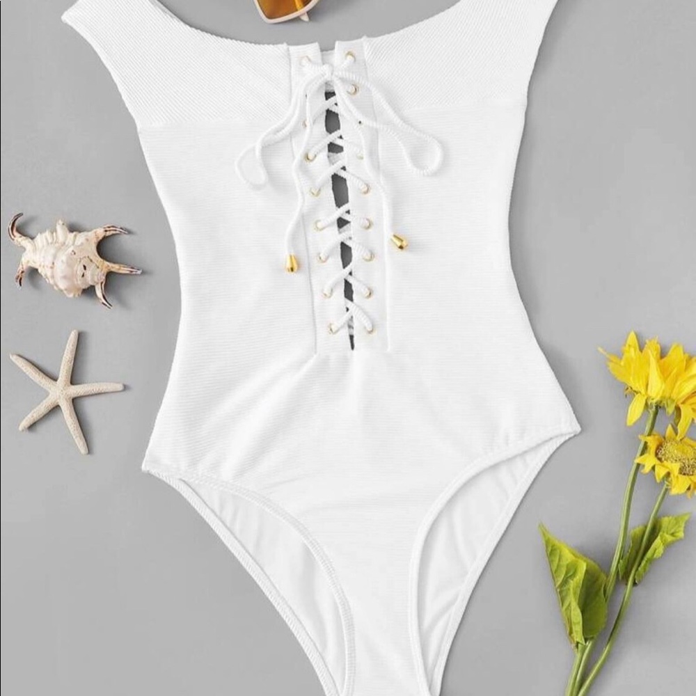 Ribbed Off The Shoulder Lace Up One Piece Swimsuit